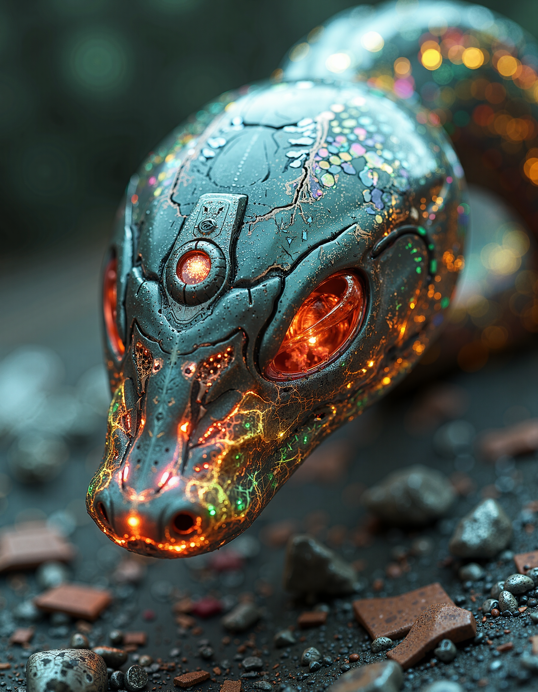 An extreme macro close-up of a translucent robotic head resembling a serpent, its hollow, glass-like surface revealing the decayed remnants of its inner mechanisms. The lifelike scales, once vibrant, now shift with eerie, fading neon tones of pink, red, yellow, and green, bleeding into one another like the last embers of a dying machine. Subsurface scattering (SSS) effects illuminate fractured wiring beneath the surface, glowing faintly with irregular pulses, as if struggling to cling to life. The lighting is dim and cold, with harsh backlight casting long shadows through the translucent material, emphasizing the cracks and imperfections in its once-flawless design. The shallow depth of field blurs the desolate backdrop, littered with rusted metal fragments and faintly glowing debris, adding to the sense of abandonment. The robotic head is crowned with a weathered metal hood, its surface pitted and scarred as if corroded by years of acid rain. A central circular aperture, cracked and flickering with an unstable turquoise light, dominates the frame. Etched into the hood are intricate filigree patterns, their coppery glow dim and irregular, like the fading heartbeat of an ancient, forgotten machine. These shifting patterns pulse faintly, evoking an organic-mechanical aestheticâa haunting relic of a future consumed by entropy. in the style of ck-ncr, The painting is in the style of umesky. <lora:Grimmold:0.5> <lora:ume_sky_v2:0.8>