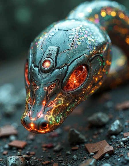 An extreme macro close-up of a translucent robotic head resembling a serpent, its hollow, glass-like surface revealing the decayed remnants of its inner mechanisms. The lifelike scales, once vibrant, now shift with eerie, fading neon tones of pink, red, yellow, and green, bleeding into one another like the last embers of a dying machine. Subsurface scattering (SSS) effects illuminate fractured wiring beneath the surface, glowing faintly with irregular pulses, as if struggling to cling to life. The lighting is dim and cold, with harsh backlight casting long shadows through the translucent material, emphasizing the cracks and imperfections in its once-flawless design. The shallow depth of field blurs the desolate backdrop, littered with rusted metal fragments and faintly glowing debris, adding to the sense of abandonment. The robotic head is crowned with a weathered metal hood, its surface pitted and scarred as if corroded by years of acid rain. A central circular aperture, cracked and flickering with an unstable turquoise light, dominates the frame. Etched into the hood are intricate filigree patterns, their coppery glow dim and irregular, like the fading heartbeat of an ancient, forgotten machine. These shifting patterns pulse faintly, evoking an organic-mechanical aestheticâa haunting relic of a future consumed by entropy. in the style of ck-ncr, The painting is in the style of umesky. <lora:Grimmold:0.5> <lora:ume_sky_v2:0.8>