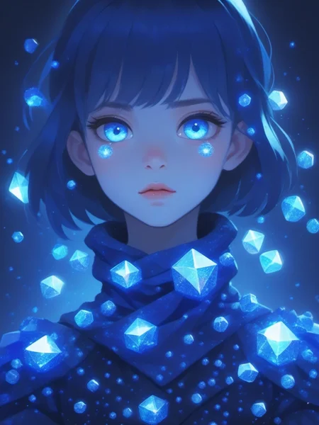 An illustration of a young girl completely wrapped in dark blue crystals, upper_body, ((glowing eyes)), <lora:niniv2:0.7>