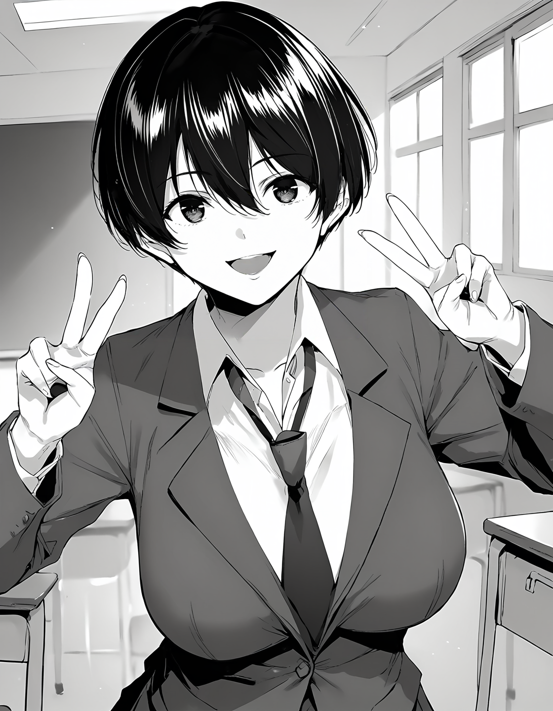 score_9, score_8_up, score_7_up, score_6_up, score_5_up, score_4_up, <lora:AoiY_T1V0:0.85>, <lora:sdxl_lightning_8step_lora:1>,
greyscale, monochrome, 1girl, solo, 
AoiY_T1V0, short hair, hair between eyes, large breasts, 
school uniform, blazer, collared shirt, loose necktie, 
hands up, double v, 
looking at viewer, smile, open mouth, :d, 
indoors, classroom, upper body,