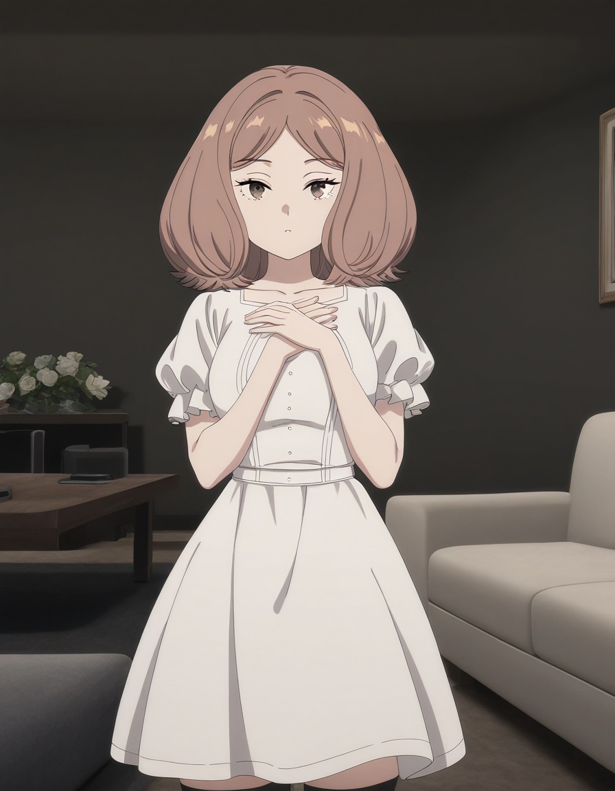 masterpiece, best quality, newest, absurdres, highres, safe,, <lora:mage-edel-s1-illustriousxl-lora-nochekaiser:1>, edel, brown hair, brown eyes, medium hair, medium breasts, anime screencap, thighhighs, dress, black thighhighs, white dress, short sleeves, puffy sleeves, puffy short sleeves, living room, sofa, TV, coffee table, decor, , hands on own chest, looking at viewer, solo,, cowboy shot, solo