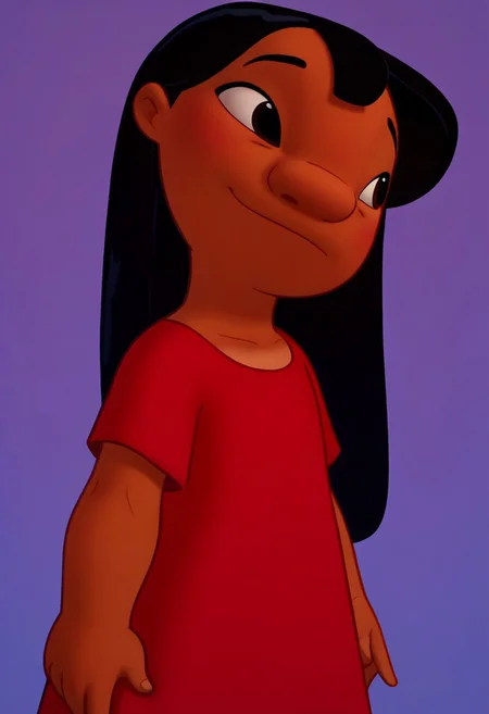 score_9, score_7_up, painting of 1girl, solo, lilo_pelekai, dark skin, black hair, long hair, black eyes, red dress, smile, shy:2, blue background, cute:2, gradient background, looking to the side, ((score_9, score_8_up, score_7_up)), modern-style colour illustration, perfect & accurate lineart, lifelike art, film grain, dynamic pose