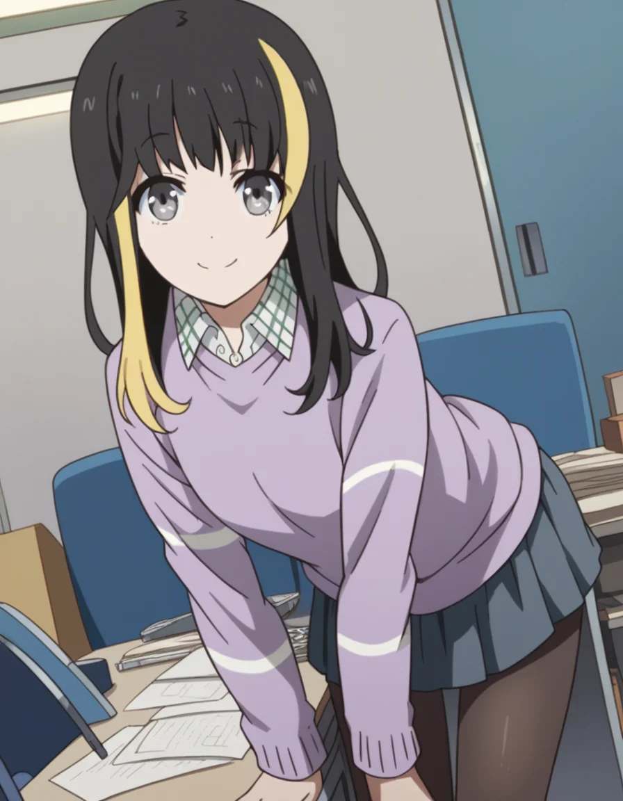 score_9, score_8_up, score_7_up, source_anime, tsubakiandou, <lora:tsubaki-andou-s1-ponyxl-lora-nochekaiser:1>, tsubaki andou, long hair, blonde hair, black hair, multicolored hair, streaked hair, grey eyes,, skirt, shirt, pantyhose, collared shirt, sweater,, indoors, office, bent over, smile, looking at viewer, solo, cowboy shot, dutch angle