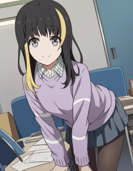 score_9, score_8_up, score_7_up, source_anime, tsubakiandou, <lora:tsubaki-andou-s1-ponyxl-lora-nochekaiser:1>, tsubaki andou, long hair, blonde hair, black hair, multicolored hair, streaked hair, grey eyes,, skirt, shirt, pantyhose, collared shirt, sweater,, indoors, office, bent over, smile, looking at viewer, solo, cowboy shot, dutch angle