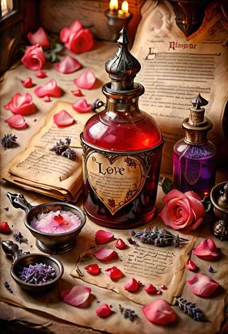 An illustrated medieval recipe of a "Love Potion" made with ingredients including: (Rose petals, Peppermint, Lavender oil, Jasmine oil, Pearl Dust), text is Old English and Gothic, parchment page, intricate details, muted colors, high resolution, best quality, fantasy vibe