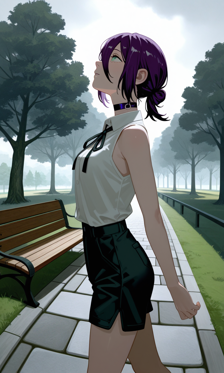 embedding:IllusP0s, sa1t, painterly, side view, looking up, reze_\(chainsaw_man\), purple hair, green eyes, choker, sleeveless, white shirt, black ribbon, black shorts, contrast lighting, walking, outdoors, overcast, fisheye, foreshortening, park, trees, grass, pavement, bench,<lora:sait.safetensors:1.3:1.3>