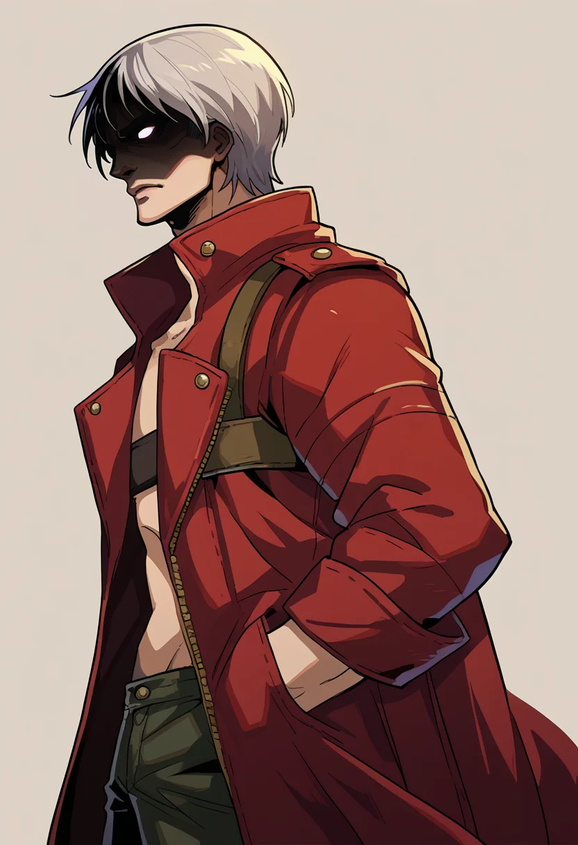 score_9, score_8_up, score_7_up, BREAK <lora:hades-guy-PONYv1:1>, shadow, portrait, 1boy, solo, <lora:dmc3_dante_ponyXL:0.9> dmc3dante, red coat, bandeau, pants, from behind, shaded face, hand in pocket, from side, glowing,