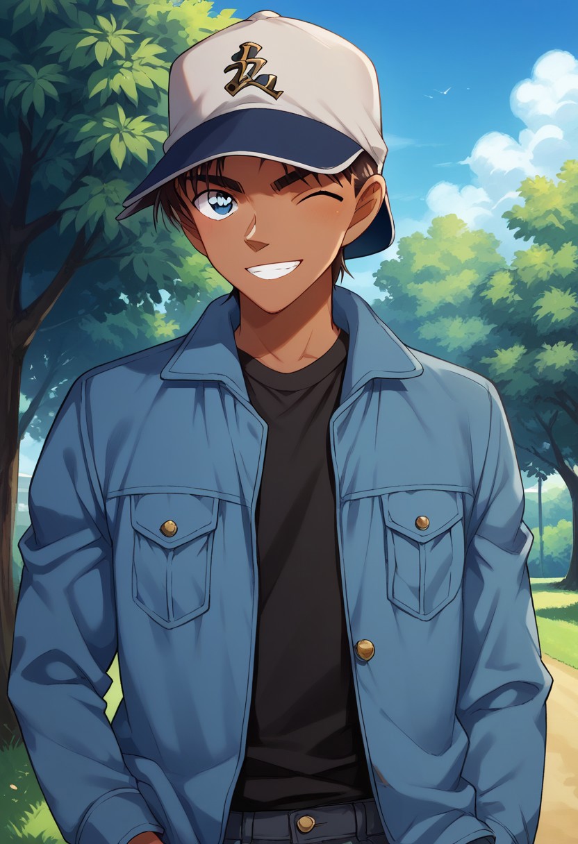 score_9, score_8_up, score_7_up, source_anime, highly detailed,  
heijihattori, solo, 1boy, hat, male focus, dark skin, blue eyes, jacket, dark-skinned male, pants, black shirt, upper body, brown hair, standing, shirt, baseball cap, looking at viewer, reverse cap, smile, wink
outdoor, sky, tree
