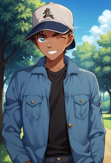 score_9, score_8_up, score_7_up, source_anime, highly detailed,
heijihattori, solo, 1boy, hat, male focus, dark skin, blue eyes, jacket, dark-skinned male, pants, black shirt, upper body, brown hair, standing, shirt, baseball cap, looking at viewer, reverse cap, smile, wink
outdoor, sky, tree