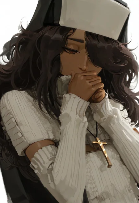 masterpiece, best quality, amazing quality, <lora:carlini_illustrious:0.8>, Carlini, dark skin, brown hair, long hair, hair over one eye, brown eyes, habit, nun , nun dress, elbow gloves, simple background, white background, sweater, eyelashes, turtleneck, looking down, half-closed eyes, portrait, pale skin, close-up, covered mouth, white sweater, long eyelashes,
wlop, nhl-001, limited palette, realistic <lora:noobai_ep11_stabilizer_v0.138_fp16:0.3> <lora:NOOB_vp1_detailer_by_volnovik_v1:0.3> <lora:nhl-002-nai:0.7> <lora:nhl-001-20:0.8> <lora:XXX667:0.6>