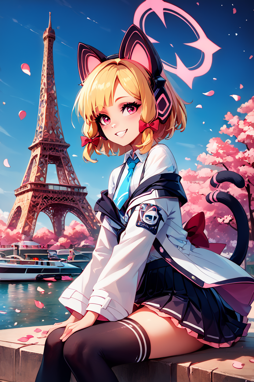 score_9, score_8_up, score_8, medium breasts, (curvy), cute, eyelashes,       BREAK, , ,,, zzMomoi, blonde hair, animal ears, fake animal ears, animal ear headphones, headphones, short hair, bow, halo, cat ear headphones, hair bow, red bow, pink eyes, pink halo, tail, cat tail, red eyes, collared shirt, long sleeves, pleated skirt,  white shirt, black skirt, blue necktie, white jacket, wide sleeves, black thighhighs, suspender skirt ,<lora:Momoi_BlueArchive_PDXL:0.8>,    ,,,, BREAK, zzEiffelTower in background, sitting, watercraft, boat, sitting on wall, side view, looking at viewer, smile, ,,, BREAK, blooming stars, luminescent petals, otherworldly fragrance blurry background, ,,, embedding:zPDXL, Expressiveh, ,,, <lora:EiffelTowerPDXL:1.0>, <lora:CatalystStylePDXL:0.6>, <lora:SDXLFaeTastic2400:0.5>, <lora:Expressive_H-000001:0.4>,