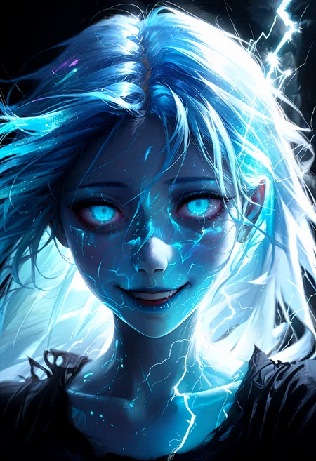 watercolor, lldn, detailed drawing, auralora, electricity, glowing, masterpiece, best quality, good quality, newest, highres, cinematic, volume light, close up, vibrant, glowing outline, neon, blacklight, looking at viewer, from above, 1girl, glowing blue hair, lightning hair, long hair, tousled floating hair, transparent body, blue skin, (empty eyes:1.2), evil smile, black light background,