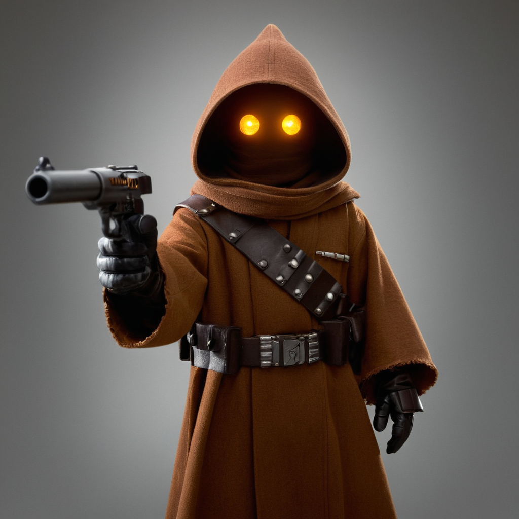 cinematic film still of  <lora:star wars style:0.3>
<lora:detailed:0.4> detailed
<lora:perfection style:0.4> perfect
<lora:PerfectEyesXL:0.3>
 <lora:Jawa:1>
Jawa  a cartoon cowboy stylecharacter with a hat and a cape,in star wars universe,solo,simple background,gloves,1boy,hat,white background,yellow eyes,weapon,male focus,belt,signature,scarf,gun,glowing,watermark,glowing eyes,cloak,brown headwear, shallow depth of field, vignette, highly detailed, high budget, bokeh, cinemascope, moody, epic, gorgeous, film grain, grainy
