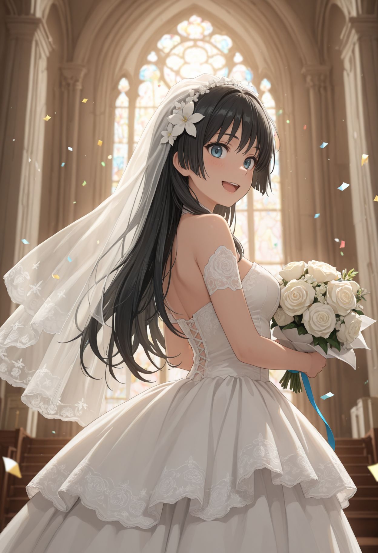 masterpiece,amazing quality,best quality,ultra-detailed,
 <lora:Saten Ruiko illu:1> 1girl, long hair, black hair, hair ornament, hair flower, blue eyes,  (wedding dress, veil, church, holding bouquet, (confetti:1.1), smile, open mouth, white dress, wedding dress), indoor