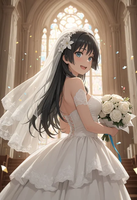 masterpiece,amazing quality,best quality,ultra-detailed,
<lora:Saten Ruiko illu:1> 1girl, long hair, black hair, hair ornament, hair flower, blue eyes, (wedding dress, veil, church, holding bouquet, (confetti:1.1), smile, open mouth, white dress, wedding dress), indoor