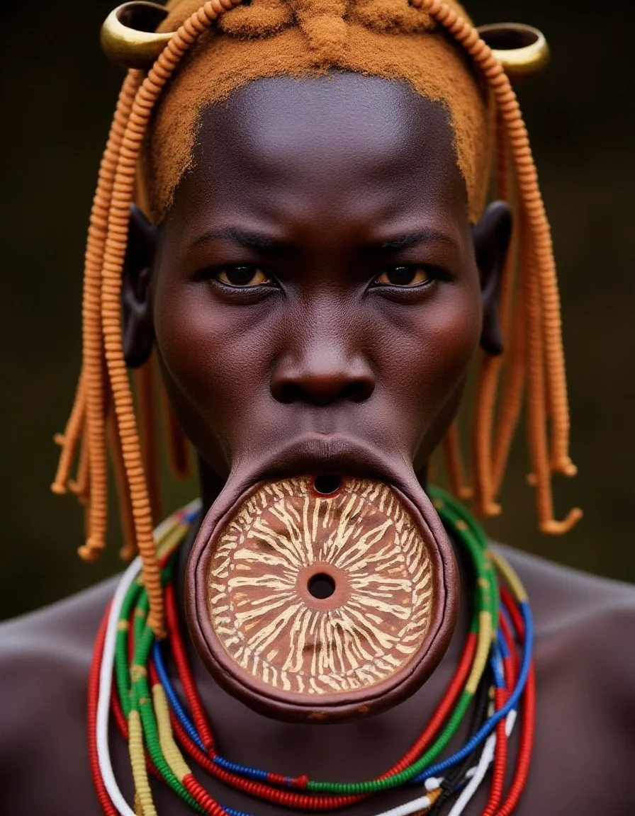 a Murs1 woman, showcasing her distinct facial features and traditional adornments. Her skin is a rich, deep brown, with high, prominent cheekbones and a broad, flat nose, emphasizing her striking natural beauty. Her piercing gaze exudes strength and wisdom, a reflection of her cultural resilience. Her ears are adorned with intricately designed wooden or clay plugs, extending her earlobes in traditional style. Around her neck are multiple layers of carefully hand-strung, colorful beaded necklaces, each bead telling a story of heritage and identity. Her hair is styled in short, tight braids coated with organic mud and natural pigments in earthy ochre tones. The iconic large ceramic lip plate (dhebi a tugoin) accentuates her appearance, decorated with fine hand-painted patterns symbolizing Murs1 artistry. Every detail, from her facial features to her traditional jewelry, is rendered in highly realistic textures and vibrant detail, capturing the essence of her identity within the cultural context.
<lora:mursi:1>
