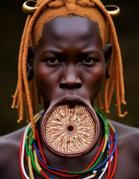 a Murs1 woman, showcasing her distinct facial features and traditional adornments. Her skin is a rich, deep brown, with high, prominent cheekbones and a broad, flat nose, emphasizing her striking natural beauty. Her piercing gaze exudes strength and wisdom, a reflection of her cultural resilience. Her ears are adorned with intricately designed wooden or clay plugs, extending her earlobes in traditional style. Around her neck are multiple layers of carefully hand-strung, colorful beaded necklaces, each bead telling a story of heritage and identity. Her hair is styled in short, tight braids coated with organic mud and natural pigments in earthy ochre tones. The iconic large ceramic lip plate (dhebi a tugoin) accentuates her appearance, decorated with fine hand-painted patterns symbolizing Murs1 artistry. Every detail, from her facial features to her traditional jewelry, is rendered in highly realistic textures and vibrant detail, capturing the essence of her identity within the cultural context.
<lora:mursi:1>