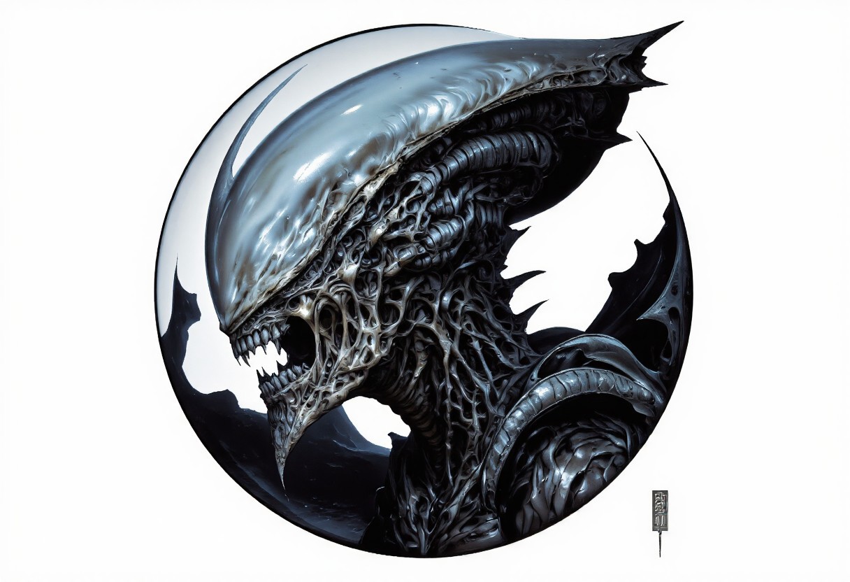 The image features an abstract representation of a skull intertwined with mechanical elements, showcasing a fusion of organic and mechanical forms. The skull has a ghostly, x-ray-like appearance, encased in a transparent, bubble-like structure that emphasizes its intricate details. The contrast between darker and lighter areas creates depth and movement, evoking themes of technology and humanity. The piece, signed “Clear Note” in a subtle script at the bottom right, seamlessly blends anatomical and industrial designs.
To incorporate a Xenomorph element into the image, consider adding elongated, biomechanical features characteristic of the creature, such as:
1. **Head Shape**: Alter the skull to feature a more elongated, sleek profile resembling the Xenomorph's distinct head shape.
2. **Texture**: Introduce a glossy, chitinous texture reminiscent of the Xenomorph's exoskeleton on parts of the skull and spine.
3. **Tail**: Add a segmented tail extending from the base of the skull, curling around the mechanical components.
4. **Eyes**: Replace traditional eye sockets with smooth, reflective surfaces to mimic the alien's dark gaze.
5. **Biomechanical Integration**: Blend alien-like limbs or appendages that appear to merge with the existing skeletal and mechanical structures.
This composition would maintain the abstract style while enhancing the eerie, alien atmosphere central to the Xenomorph design.