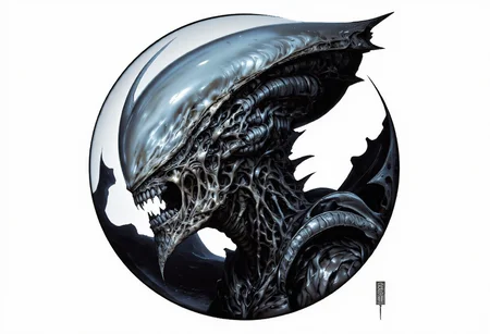 The image features an abstract representation of a skull intertwined with mechanical elements, showcasing a fusion of organic and mechanical forms. The skull has a ghostly, x-ray-like appearance, encased in a transparent, bubble-like structure that emphasizes its intricate details. The contrast between darker and lighter areas creates depth and movement, evoking themes of technology and humanity. The piece, signed “Clear Note” in a subtle script at the bottom right, seamlessly blends anatomical and industrial designs.
To incorporate a Xenomorph element into the image, consider adding elongated, biomechanical features characteristic of the creature, such as:
1. **Head Shape**: Alter the skull to feature a more elongated, sleek profile resembling the Xenomorph's distinct head shape.
2. **Texture**: Introduce a glossy, chitinous texture reminiscent of the Xenomorph's exoskeleton on parts of the skull and spine.
3. **Tail**: Add a segmented tail extending from the base of the skull, curling around the mechanical components.
4. **Eyes**: Replace traditional eye sockets with smooth, reflective surfaces to mimic the alien's dark gaze.
5. **Biomechanical Integration**: Blend alien-like limbs or appendages that appear to merge with the existing skeletal and mechanical structures.
This composition would maintain the abstract style while enhancing the eerie, alien atmosphere central to the Xenomorph design.