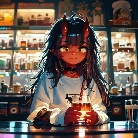 score_9, score_8_up score_7_up, score_6, BREAK masterpiece, high quality, perfecteyes, detailed background, depth of field, SkinDetail, cinematic lighting, shading, meruccubus, 1girl, 2d, red tail, horns, demon tail, long hair, black hair, choker, yellow_eyes, freckles, colored skin, red skin, demon_girl, flat chest, black outline, looking outside window, bottle, relaxing, holding glass cocktail, focus solo, on side, sitting window bench, long sleeves, white shirt, blue pants, shirt, indoors, building, interior, night sky, moon, city lights, city background, city theme, huge glass windows, smile