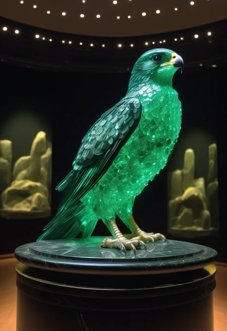 A emeraldmorph falcon, perched on an obsidian pedestal in a museum, glowing and sparkling brightly under the intense track lighting