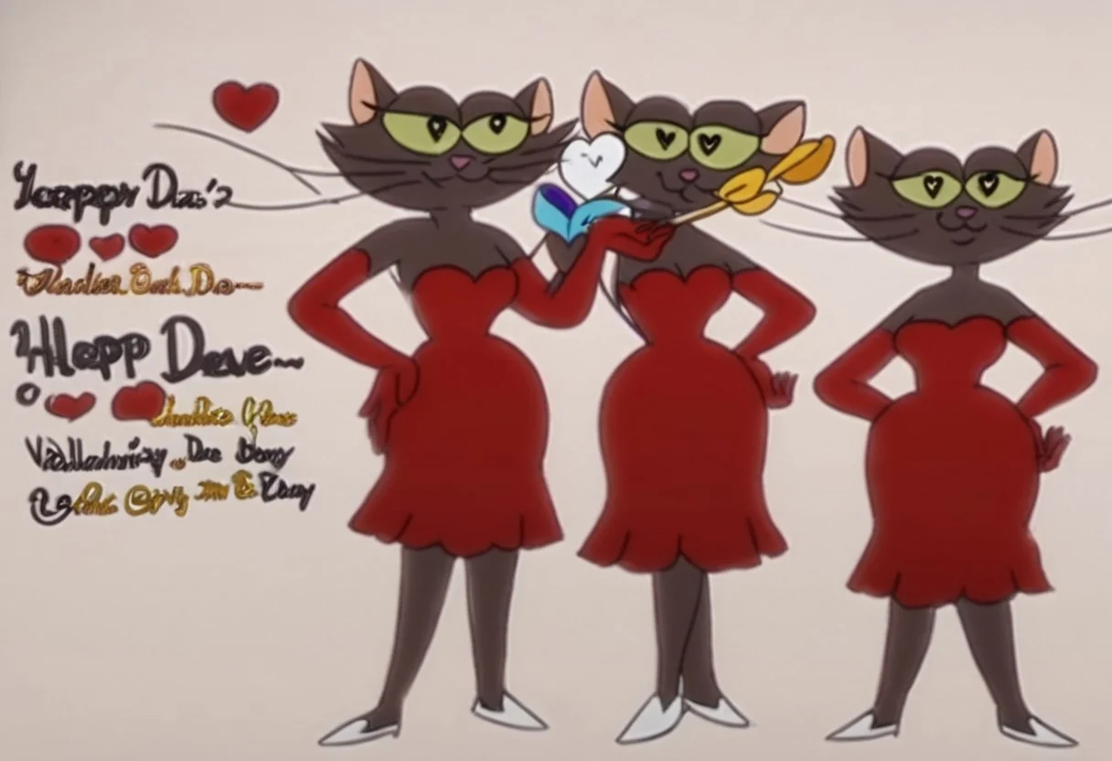 heart floating, heart-shaped pupils, aroused, heart eyes, cupid arrow, Valentine's day themed, heart-shaped eyes, Looking at the viewer, yellow sclera, hairy female, cat, anthropomorphic cat, brown fur, red dress, hands up, green eyes, full body, whiskers, smile, hand on hip, upper body,
