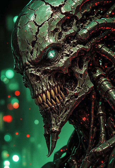 Cinematic fantasy portrait, detailed drawn, comic style,
(Dark fantasy horror, extreme detail, cinematic focus, eerie atmosphere) — A monstrous entity looms in the foreground, its intricate exoskeleton glistening under dim, moody lighting. The camera zooms in on its grotesque, multi-layered face, where chitin plates interlock with organic sinew, and faint bioluminescent veins pulse beneath the surface. One eye is a jagged crystalline mass, refracting light like shattered glass, while the other glows with an unnatural intensity. The background is a sea of defocused bokeh, eerie green and deep crimson orbs floating like ghostly embers, casting an unsettling contrast against the razor-sharp details of the creature. The shallow depth of field enhances its presence, making every texture, scar, and unnatural feature feel viscerally real.