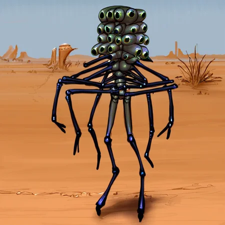 meandraco, anthropod, multi eyes, four arms, digitigrade, desert, solo, skinny