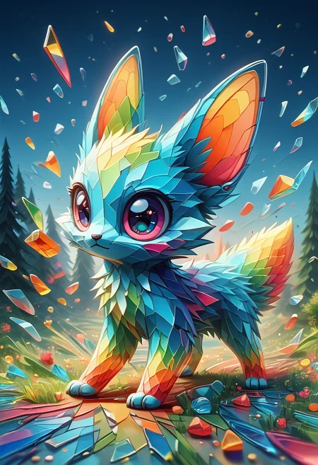 <lora:Glass_Shard_Style:1>, glass shard, A vibrant illustration of a colorful, cute creature with big, sparkling eyes and fluffy fur, surrounded by an adorable background of pastel-colored trees and flowers. The creature is holding a glass shard that catches the light, creating a rainbow reflection. The scene is filled with tiny magical details, like glowing fireflies and twinkling stars in the soft, dreamy sky, cinematic composition,