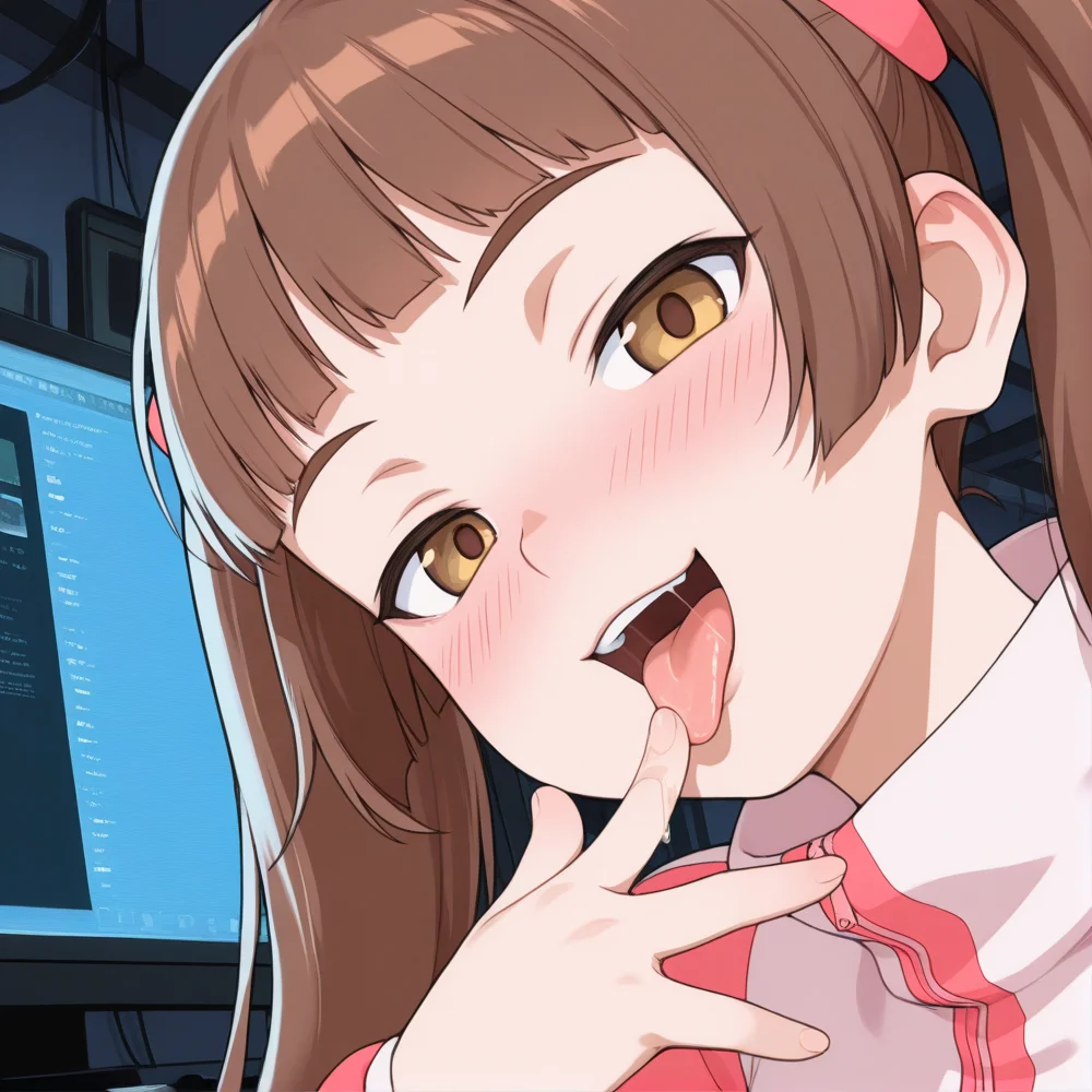 masterpiece, best quality, screencap, best hands, <lora:Amy_-_Bakuretsu_Tenshi_Burst_Angel:1> Amy-Illustrious, long twintails, long hair, brown hair, ((perfect eyes, brown eyes)), blunt bangs, flat chest, yellow eyes,  
(indoors, RGB lights, monitors, computer), ((1girl, solo)), little girl,
looking at viewer, ((head tilt, head down)), smug, smug face, open mouth, tongue, licking finger, finger on mouth, saliva string, blushing, frontal view, front view, from side,