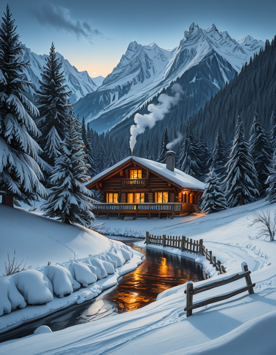 A stunning winter scene in the Tyrol region of Austria. A charming wooden chalet with traditional alpine architecture stands on a gentle snow-covered slope, surrounded by dense evergreen forests blanketed in fresh snow. The chaletâs warm interior lights glow softly through its large windows, creating a cozy contrast against the cool twilight hues of the sky. A plume of smoke drifts from the chimney, hinting at a roaring fireplace inside. In the foreground, a small wooden fence is partially buried under the snow, while a frozen river winds through the valley, reflecting the moonlight. Towering, snow-capped peaks of the Austrian Alps dominate the background, adding a breathtaking sense of grandeur. Snowflakes gently fall, adding movement and depth to the peaceful, picturesque scene. The image is hyper-realistic, capturing the intricate textures of the wood, snow, and ice, with cinematic lighting that highlights the magical winter ambiance.
<lora:SDXLFaeTastic2400:0.4> <lora:extremely_detailed:0.4> extremely detailed,winter scene in the Tyr0l, <lora:winter_scene_in_the_Tyr0l-i:1>, Masterpiece,best quality,hi res,8k,hi res,8k,award winning,(sharp focus, intricate, highly detailed),