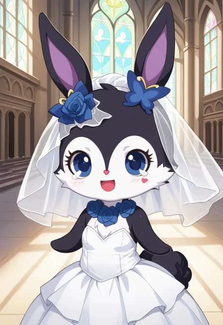 score_9, score_8_up, score_7_up, score_6_up, score_5_up, BREAK
luea, anthro, solo, blue eyes, rabbit, furry, rabbit ears, black fur, purple inner ear, white chest fur, white face, chibi, body fur, (blue butterfly hair ornament), (blue rose necklace), 1girl, looking at viewer, church, wedding dress, wedding veil, happy tears, smile, happy, spoken heart