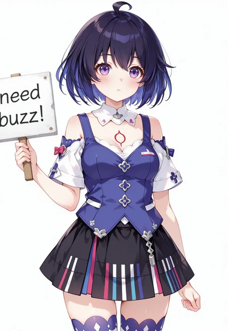 safe_pos, artist:Tsunako,(artist:miyase mahiro:0.6),(artist:ke-ta:0.8),(masterpiece,best quality:1.2),amazing quality, ultra high detailed,1girl,solo, SelVel, Fol001, Sel_Azu, short hair, blue eyes, black hair, blue hair, colored inner hair, chest tattoo, red tattoo, white shirt, off-shoulder shirt, blue vest, vest, black skirt, striped thighhighs, piano print, short sleeves, striped skirt, white sleeves, detached collar, white collared collar, cleavage, shirt under vest, seele vollerei, need_buzz, holding sign that texts: "Seele need BUZZ to satisfies a lot of men" and background is a night dynamic scene outdoor