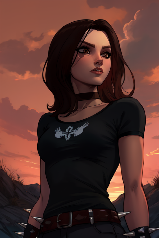 Ophelia, brown hair, brown eyes,
standing, upper body,  black shirt, black pants, spiked bracelet,  choker, belt, 
underworld, red sky, 
(insanely detailed, masterpiece, best quality), 
 <lora:Ophelia:0.7>