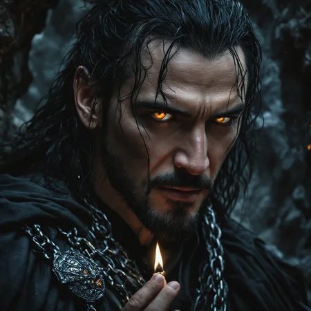 breathtaking detailed, masterpiece, absurdres, awe-inspiring, best quality, vibrant colors, nbn-loki, chained loki, black cloak, portrait, black hair, wild hair, black beard, glwoing orange eyes, cinematic lighting, realistic, cave in background<lora:sdxl_NBN-Loki_NordicByNature.safetensors:0.8:0.8>