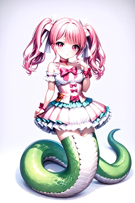 (score_9, score_8_up, score_7_up, source_anime,
(Masterpiece, best quality, illustration, high resolution, hyper detail, finely detailed, ultra-detailed),
8k, Wallpaper, grand, an extremely delicate and beautiful, anime, pixiv, colorful, distinct, bishoujo),
detailed cute anime face, perfect face, sharp
BREAK
<lora:SDXL_LoRA_lamia_PONY_dataset_WCoff_bt04_ep016_05008_1024_dim064_a008_LR00040_snr05_noise00_del:1>,
Lamia, monster girl,
solo, 1girl, full body,
<lora:aya+pony:0.8>,Maruyama_aya,pink_eyes,long_pink_hair,twintails,bangs,
hair_bow,pink_choker,frills,strapless_dress,arm_ribbon,wrist_bow,layered_skirt,white_thighhighs,pink_shoes