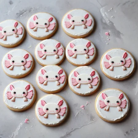 <lora:lora:1>cookie art design, <lora:Axomodelv2.1:1> simple round cartoon cookie art, delicious cute axolotl cookies with icing, flat cookies, cookies with cute design <lora:add-detail-xl:1>,