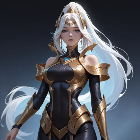 masterpiece, best quality, newest, absurdres, highres, ireliadefault, 1girl, black dress, gold armored dress, gold diadem, gold hair ornament, bare shoulders, detached sleeves, white hair, high ponytail, blue eyes, standing, looking at viewer, <lora:Irelia:1>