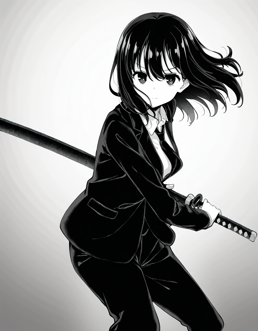 masterpiece, best quality, newest, absurdres, highres, safe,, <lora:saki-yoshida-manga-ponyxl-lora-nochekaiser:1>, saki yoshida, long hair, hair between eyes, monochrome, greyscale, black hair, medium breasts, <lora:battoujutsu-stance-illustriousxl-lora-nochekaiser:1>, battoujutsu stance, looking at viewer, holding, weapon, sword, holding weapon, holding sword, standing, katana, sheath, sheathed, fighting stance, ready to draw, shirt, long sleeves, jacket, white shirt, necktie, collared shirt, pants, black jacket, floating hair, black pants, formal, suit, black necktie, black suit, pant suit,, ,