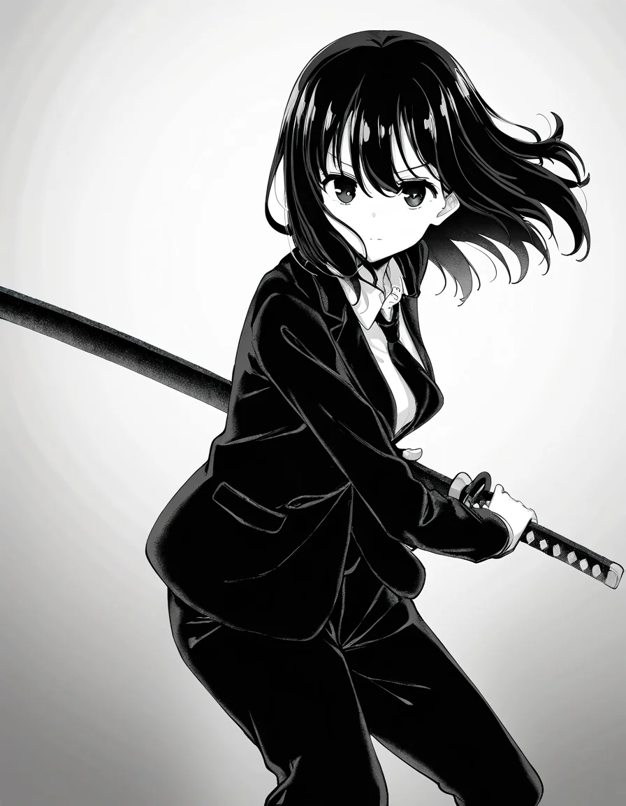 masterpiece, best quality, newest, absurdres, highres, safe,, <lora:saki-yoshida-manga-ponyxl-lora-nochekaiser:1>, saki yoshida, long hair, hair between eyes, monochrome, greyscale, black hair, medium breasts, <lora:battoujutsu-stance-illustriousxl-lora-nochekaiser:1>, battoujutsu stance, looking at viewer, holding, weapon, sword, holding weapon, holding sword, standing, katana, sheath, sheathed, fighting stance, ready to draw, shirt, long sleeves, jacket, white shirt, necktie, collared shirt, pants, black jacket, floating hair, black pants, formal, suit, black necktie, black suit, pant suit,, ,
