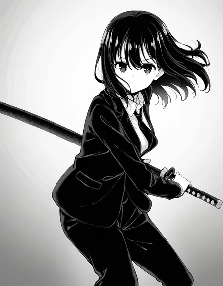 masterpiece, best quality, newest, absurdres, highres, safe,, <lora:saki-yoshida-manga-ponyxl-lora-nochekaiser:1>, saki yoshida, long hair, hair between eyes, monochrome, greyscale, black hair, medium breasts, <lora:battoujutsu-stance-illustriousxl-lora-nochekaiser:1>, battoujutsu stance, looking at viewer, holding, weapon, sword, holding weapon, holding sword, standing, katana, sheath, sheathed, fighting stance, ready to draw, shirt, long sleeves, jacket, white shirt, necktie, collared shirt, pants, black jacket, floating hair, black pants, formal, suit, black necktie, black suit, pant suit,, ,