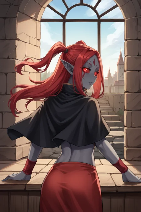 score_9, score_8_up, score_7_up, source anime, <lora:backgroundsetXL:0.3> , background, scenery, ruins, overgrown, indoors, interior, castle, medieval, BREAK, solo, <lora:RuneElf:0.5>, 3lfd4rk, 1girl, red hair, two-side up, sidelocks, colored skin, grey skin, long pointy ears, red sclera, red eyes, glowing eyes, forehead mark, facepaint, popped collar, capelet, black capelet, skirt, red skirt, midriff, wristband, red wristband, upper body, looking at viewer, (looking back),adult female, long hair, from behind,