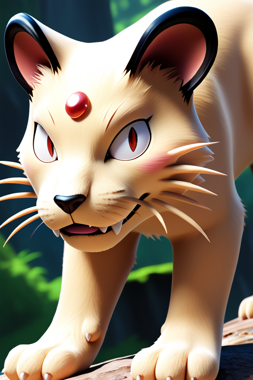 score_9, score_8_up, score_7_up, score_6_up, BREAK persian \(pokemon\), pokemon \(creature\),no humans,solo, beige fur, cat, tail, red eyes, slit pupils,fangs, whiskers, red forehead jewel,cliff,outdoors,dawn,3d,  <lora:PersianPony:1>