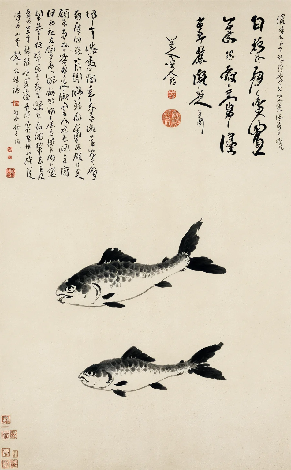 <lora:å
«å¤§å±±äººç»é£-000009:0.8>,chinese Landscape painting,highres,no humans,fish,animal,animal focus,closed mouth,swimming,from side,full body,the art of chinese calligraphy,asian artwork,traditional chinese painting,ink fish drawing,calligraphy,parchment,vertical composition,minimalistic,brush strokes,cultural,seal art,antique,artistic,single subject,text overlay,fine art,Chinese text,ink wash painting,
