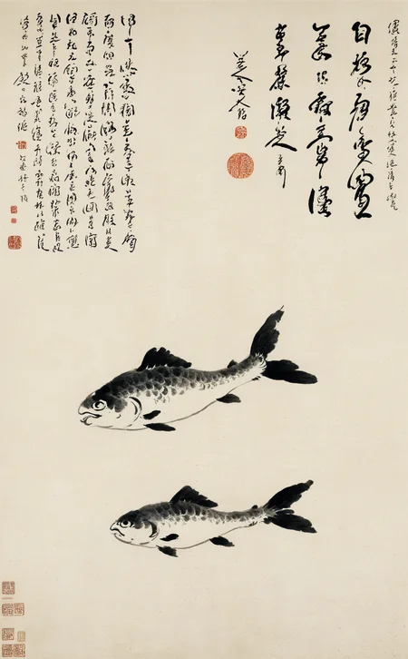 <lora:å
«å¤§å±±äººç»é£-000009:0.8>,chinese Landscape painting,highres,no humans,fish,animal,animal focus,closed mouth,swimming,from side,full body,the art of chinese calligraphy,asian artwork,traditional chinese painting,ink fish drawing,calligraphy,parchment,vertical composition,minimalistic,brush strokes,cultural,seal art,antique,artistic,single subject,text overlay,fine art,Chinese text,ink wash painting,