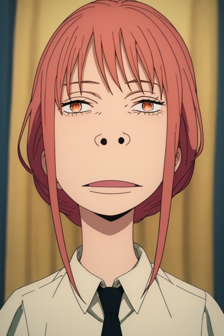 score_9, score_8_up, score_7_up, score_6_up, score_5_up, score_4_up, <lora:mak1ma0XL_Pony_v1:1> , mak1ma0, red hair, long hair, ringed eyes, white collared shirt,black necktie, 1girl,  <lora:luffy_ultra_instinct_meme-000009:0.8>, open mouth, small nose,  narrow eyes, circular nostrils
, alone, masterpiece, highres, highly detailed face