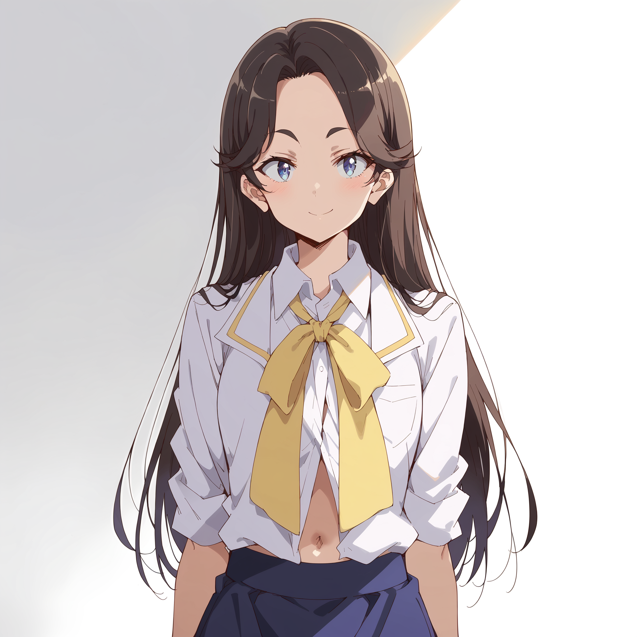 score_9, score_8_up, score_7_up, source_anime, BREAK, nabatame_mio, 1girl, looking at viewer, gradient background, light smile, navel, white shirt, skirt,   <lora:nabatame_mio-ponyXL-v0.5:1>
