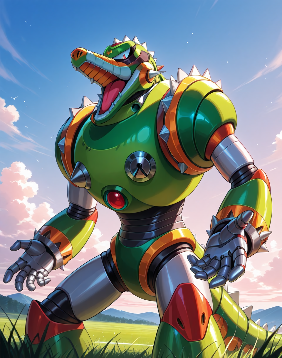 <lora:Wheel_Gator_(Mega_Man_X)_(Illustrious)_(AD):1.35> Wheel Gator, reploid, MMX, 
exterior, sky with clouds, grassy valley,
male focus, intense shadows, dynamic shadows, intricate details, attention to details, gradient coloring, bright vivid colors, robot, bent leg, glossy metal body, cowboy shot, 
BREAK very awe, masterpiece, best quality, amazing quality, very aesthetic, highres, absurdres, photographic realism, 8K CGI render, 
EZRealPONYXL, zPDXL, Smooth Quality, lazynsfw,