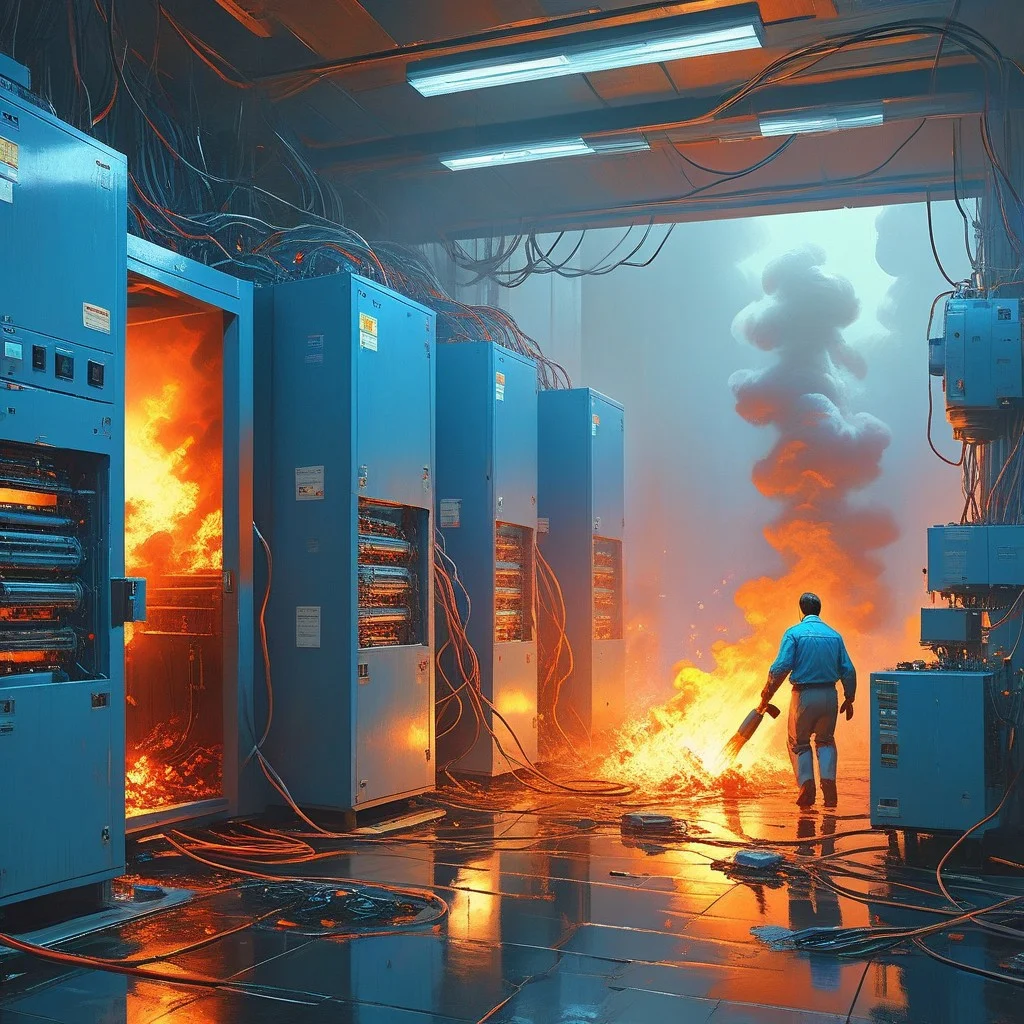 "Ilya Kuvshinov" style.
Visually absurdly cluttered server room.
"A blue janitor-robot going into full panic mode after spilling water into the huge server room. Flames and smoke are coming out from the back of the servers".
Lot's of wind and magical lights scattered everywhere.
Dusk.
Long shadows.
By "Simon Stalenhag".
Life-like details.
Cinematic.
Dramatic.
Dynamic.
Extremely refined lines and and shapes.
Extremely refined details on objects.
Sharp details.
Wide range of colors.
Many details everywhere. Ray-Tracing. Anti-Aliasing. Realistic soft shadows. Low saturation colors. Insane quality. Insane resolution. Insane details. Masterpiece. 32k resolution.