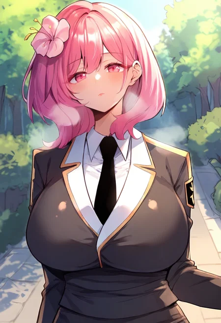 score_9, score_8_up, score_7_up, score_6_up, source_anime, rating_explicit, 1girl, solo, huge breasts, <lora:Jin Dal-rae prefectPonyxl:0.9> pink hair, pink eyes, hair flower, medium hair, pink flower, black necktie, black jacket, long sleeves, white shirt, collared shirt, pencil skirt, black skirt, expressionless, Narrow shoulders, heavy breathing, steaming body, forest, outdoors, looking at viewer